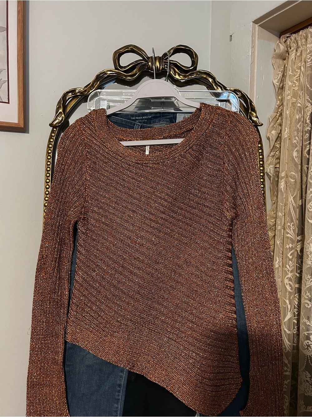 Free People Copper Metallic Asymmetric Long Sleeve Top